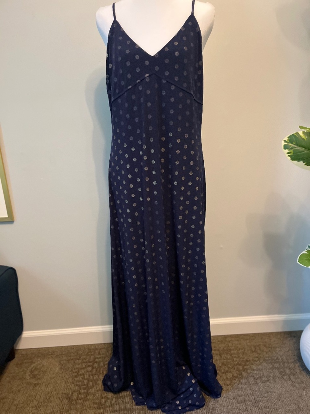 Michael Kors Navy Metallic Dot Knit Maxi Dress Sz Large Cami Travel Dress